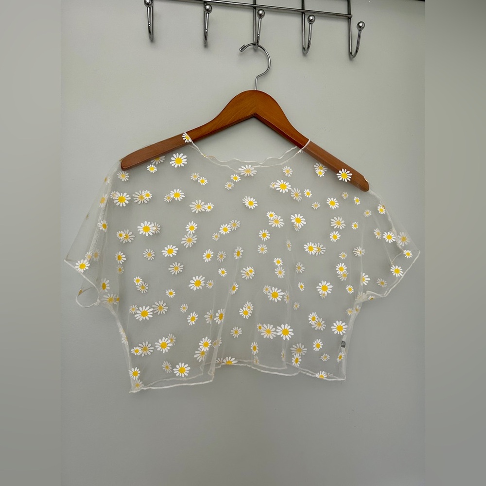 Sheer Daisy Mesh Crop Top White Yellow Floral Y2K Festival Tee Small